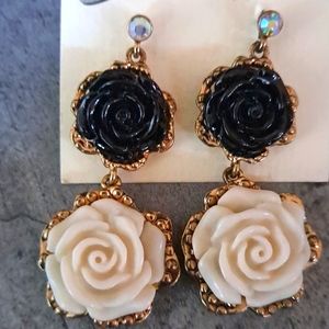 Freida Kahlo Victorian style black and white earrings. NEW